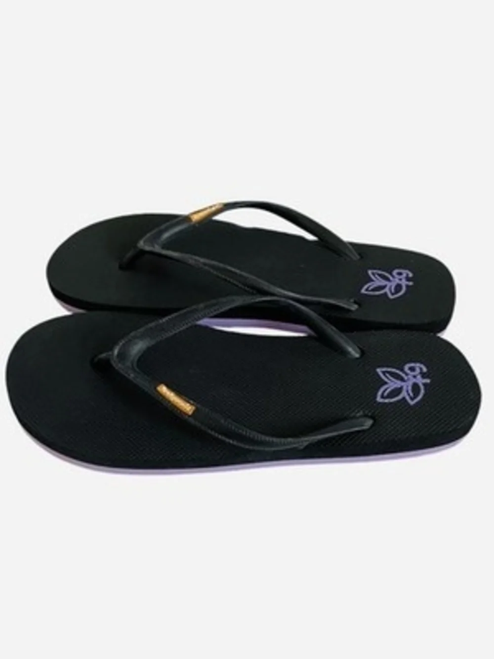Feelgoodz Natural Rubber Flip Flops Black Purple Logo Womens Size 6 NWOT